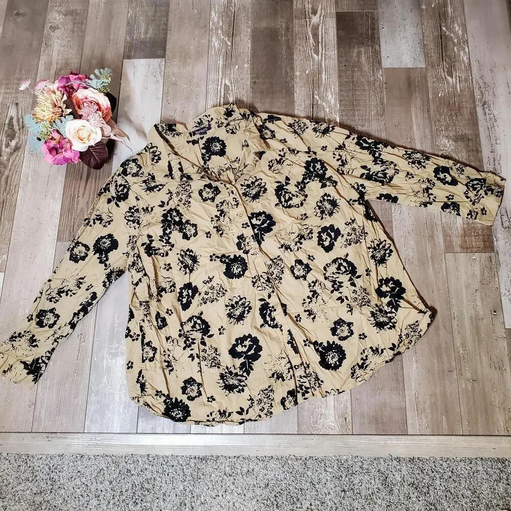 Roaman's Long Sleeve Floral Cotton Button Down Shirt Size 36W